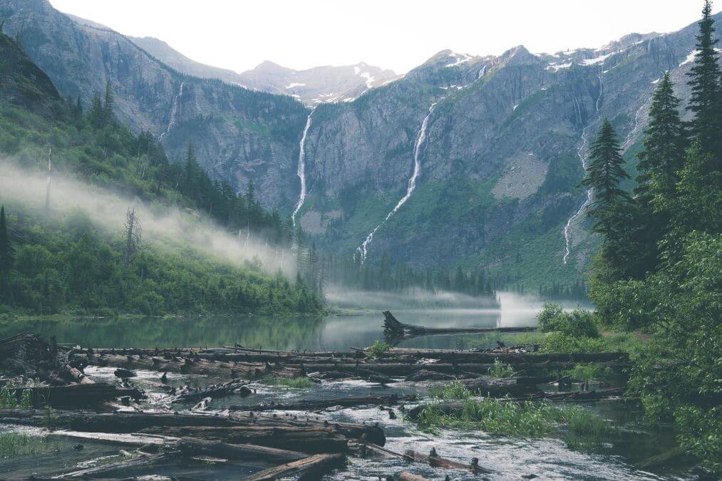 Avalanche Lake on a sunny morning in Glacier National Park