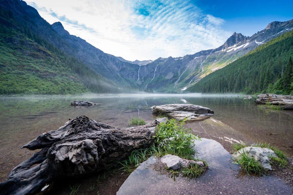 Avalanche Lake on a sunny morning in Glacier National Park