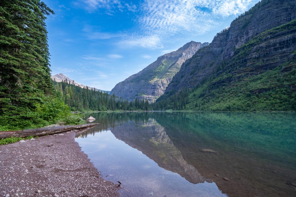 Avalanche Lake on a sunny morning in Glacier National Park