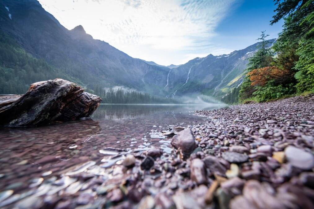 Avalanche Lake on a sunny morning in Glacier National Park