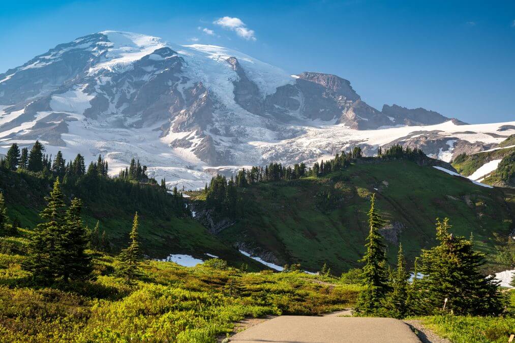 Paved hiking trail to Myrtle Falls in Mount Rainier National Park, with the mountain in the background