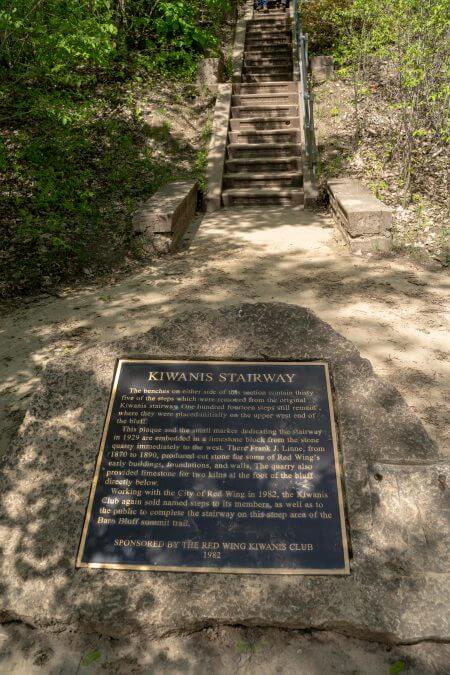 Plaque for the Kiwanis Stairway, with names imprinted into the steps along the Barn Bluff trail