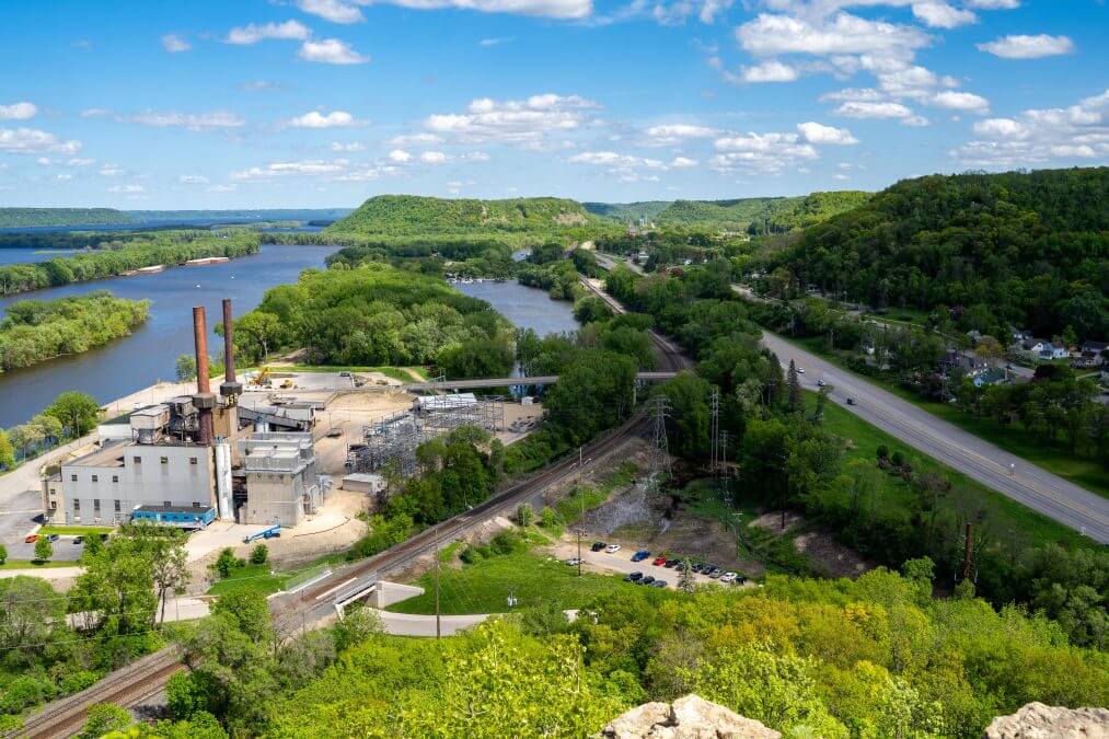 Aerial view of a cityscape of Red Wing, Minnesota, as seen from the Barn Bluff overlook hike. Taken in late spring, view of Lake Pepin