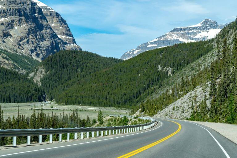 Road through the icefields parkway in the Canadian Rockies