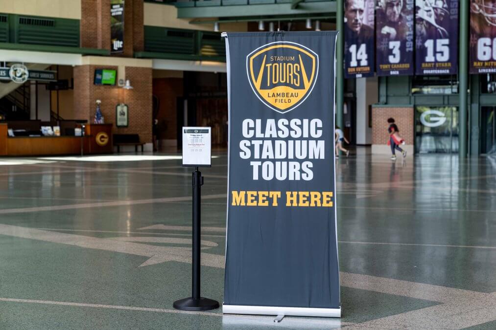 Meeting point sign for Classic Stadium Tours at Lambeau Field, home of the NFL Green Bay Packers